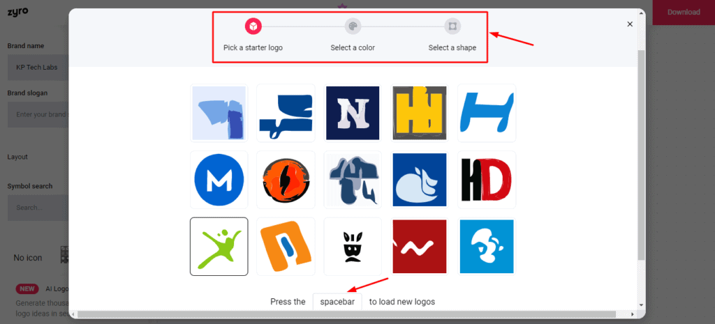 Seleccionar forma en Zyro Logo Maker