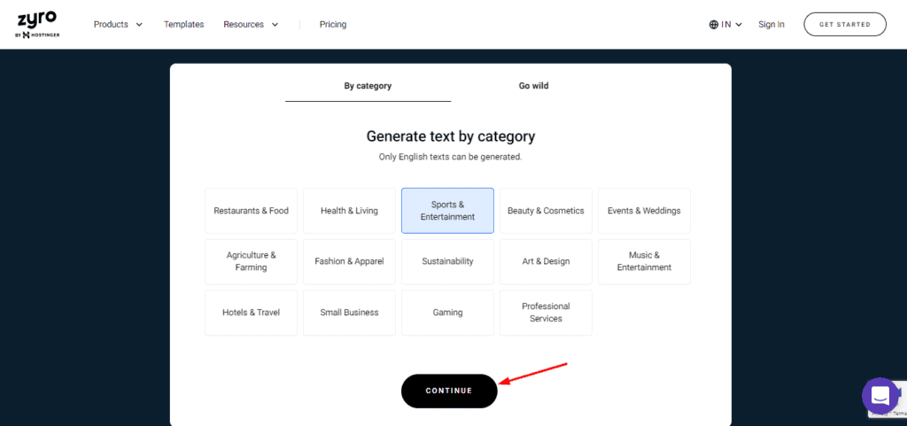 Selección de categoría en Zyro AI Writer