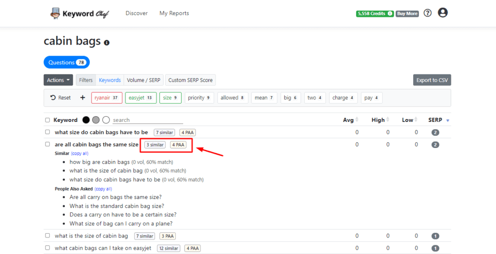 Rapports dans Keyword Chef