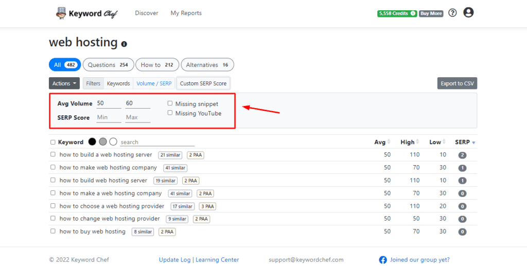 Filtrer par volume ou SERP