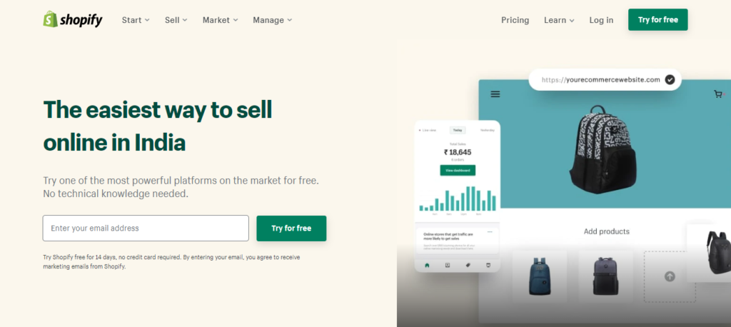Домашняя страница Shopify