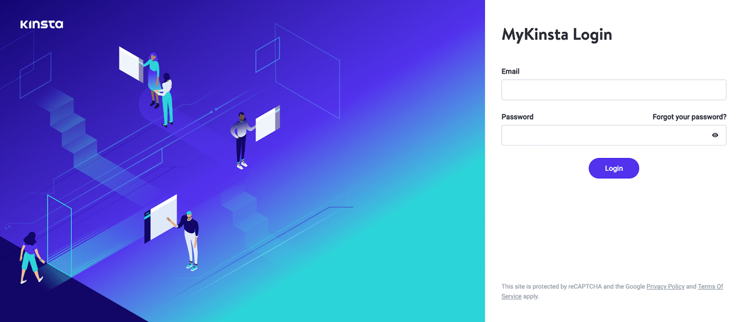 Страница входа в MyKinsta, на которой слева показаны 3 человека, прикасающиеся к экранам компьютеров. Правая сторона запрашивает адрес электронной почты и пароль пользователя с кнопкой входа внизу.