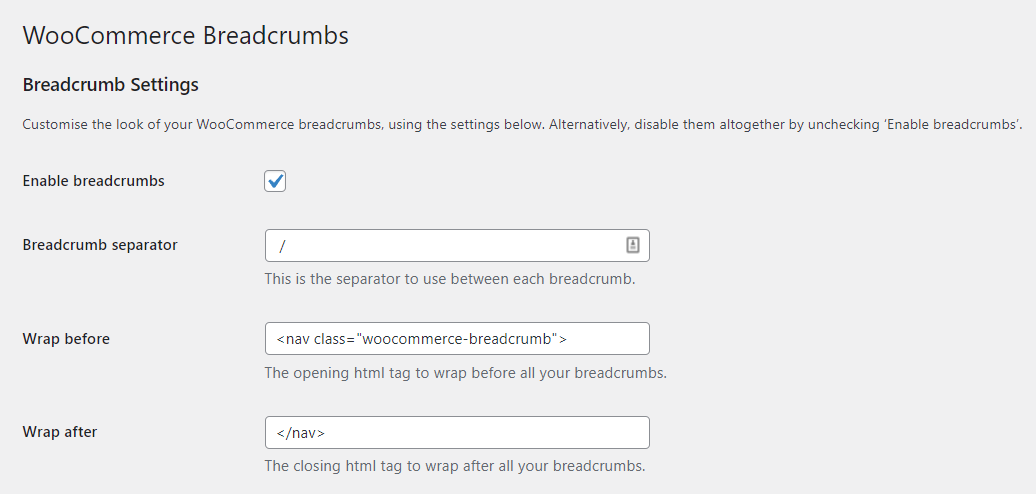 Konfigurieren des WooCommerce Breadcrumbs-Plugins