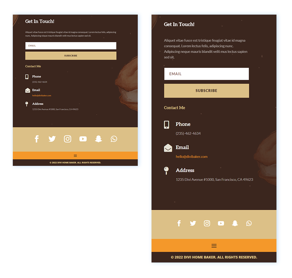 Divi Home Baker 布局的平板电脑和移动页脚布局