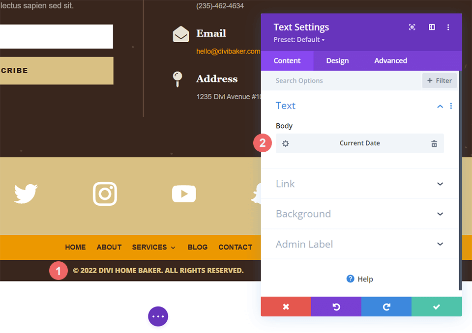 在 Divi Theme Builder 中使用动态内容编辑版权信息