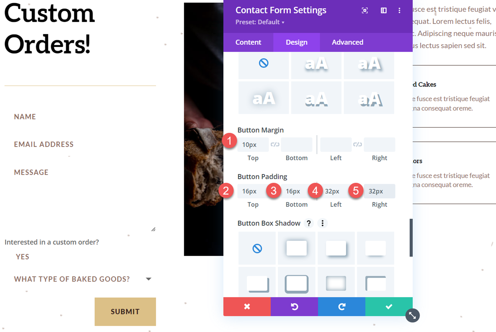 Divi 显示选项下拉联系表格填充边距