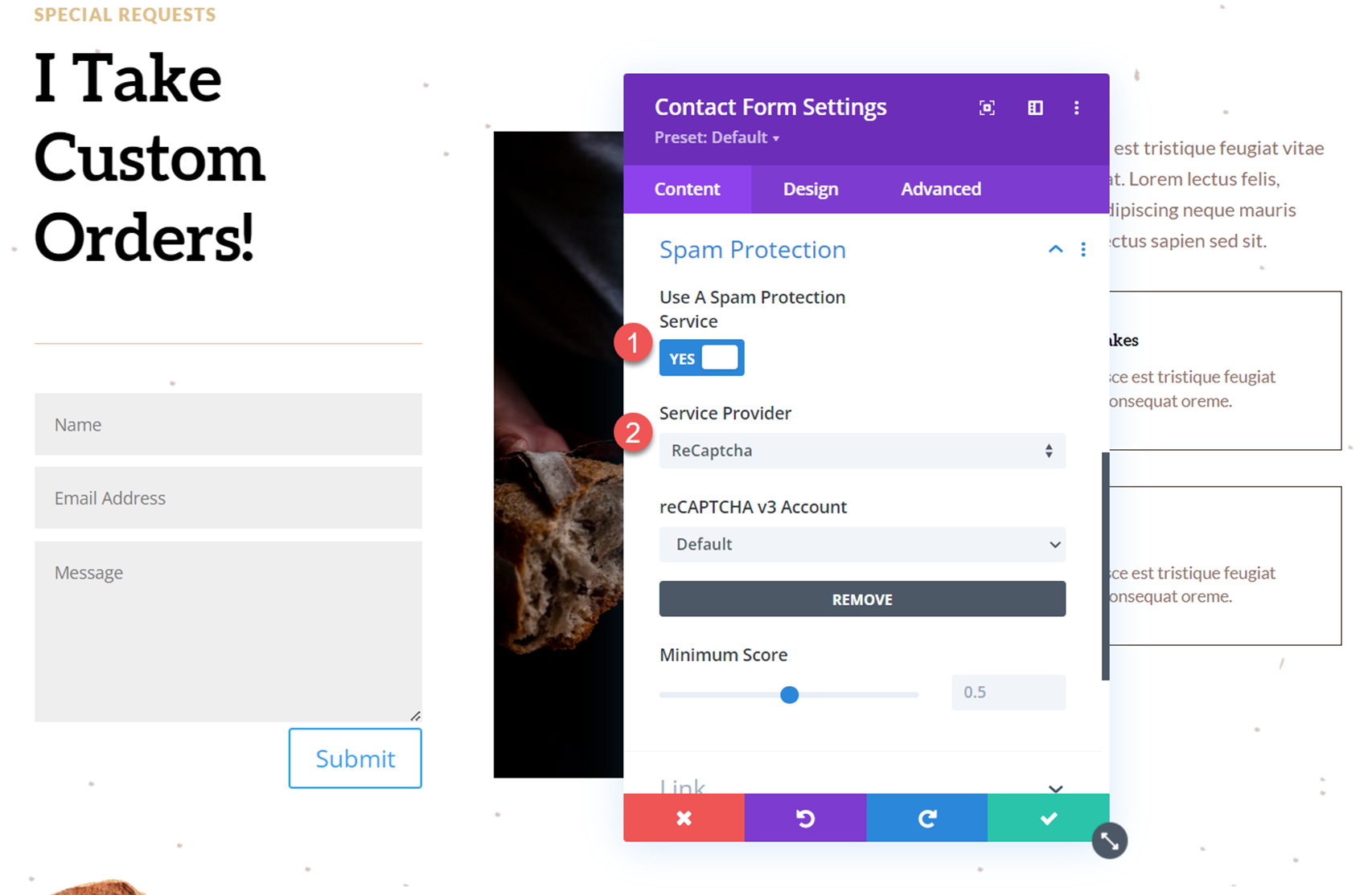 Divi 显示选项下拉联系表格垃圾邮件