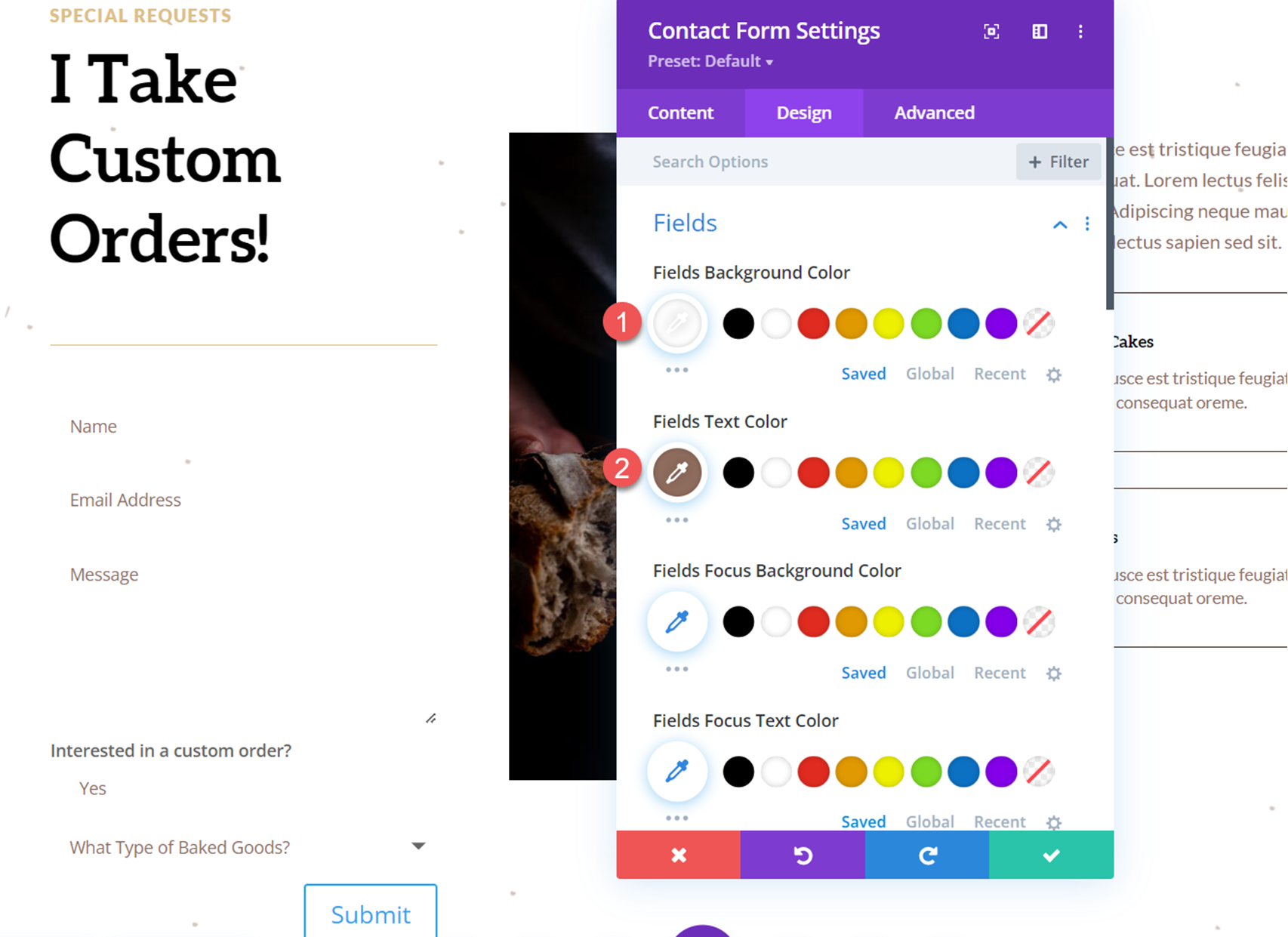 Divi 显示选项下拉联系表单字段背景文本