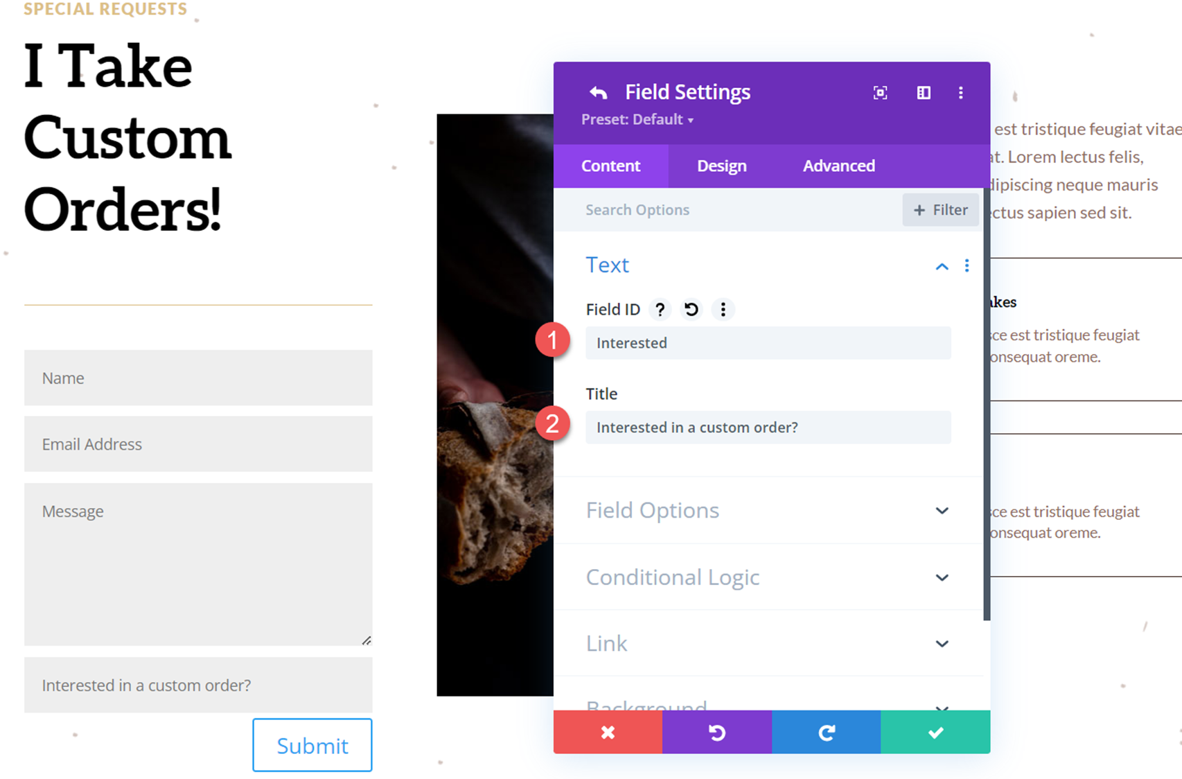 Divi 显示选项下拉联系表格字段标题