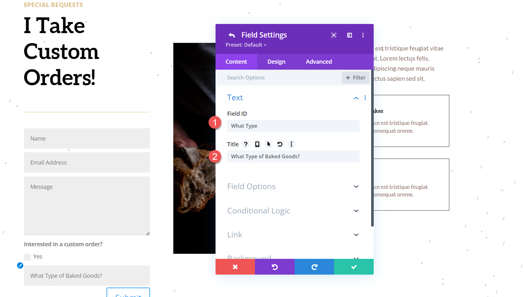 Divi 显示选项下拉联系表格字段 ID 标题