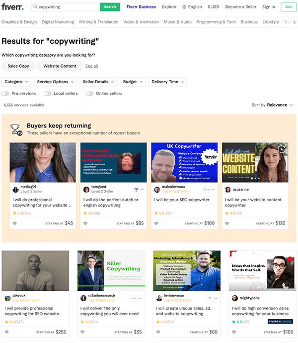 Lista Fiverr de copywriteri