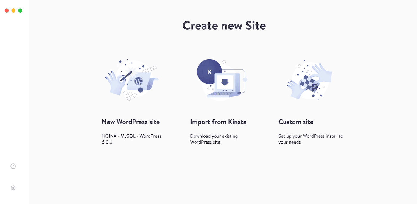 La pagina Crea un nuovo sito DevKinsta è disponibile dopo il download