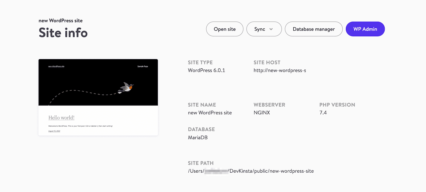 Trova il pulsante WP Admin e fai clic su di esso in DevKinsta