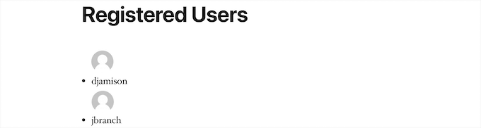 Kayıtlı kullanıcı listesi örneği Registered user list example