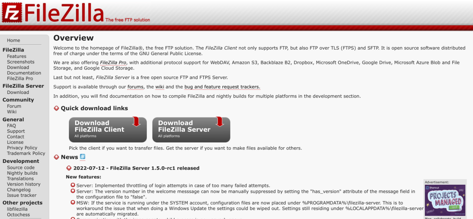 Pagina di download di FileZilla