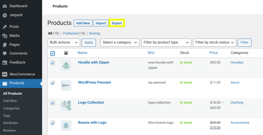 esportare prodotti da WooCommerce