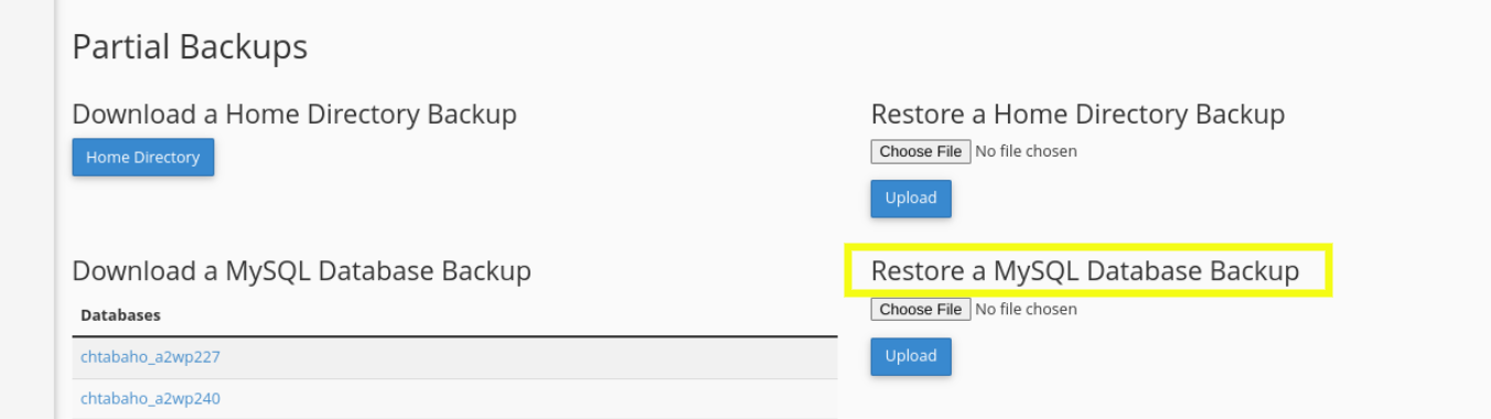 ripristino di un backup del database tramite cpanel