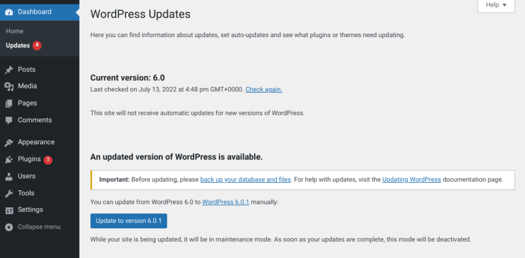 WordPress で利用可能なアップデートを確認する