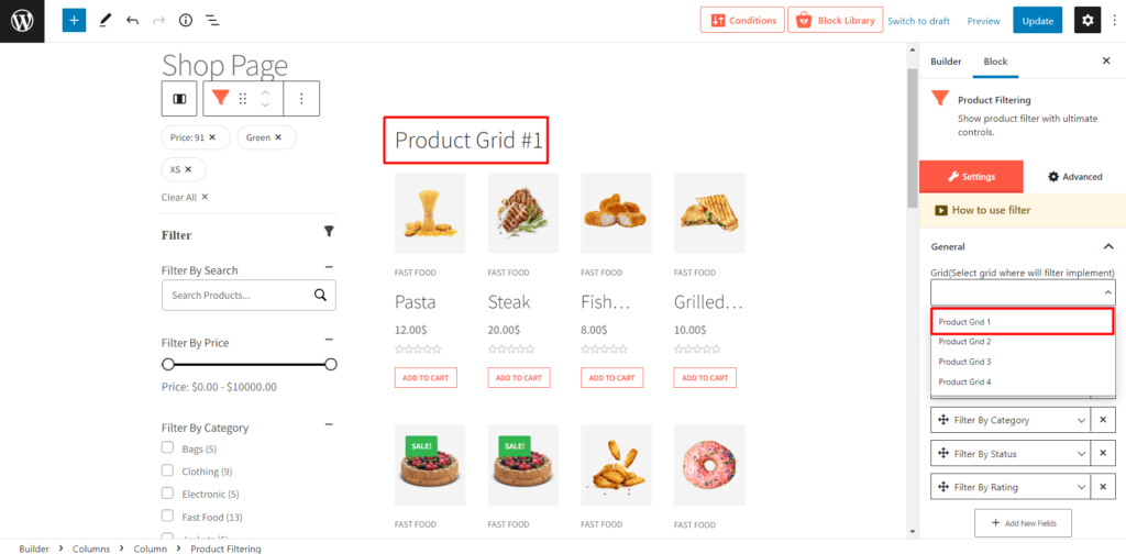 Filtra prodotto WooCommerce per attributi, categoria, prezzo e molto altro 6 Connecting Filter Blocks with Product Grid Blocks