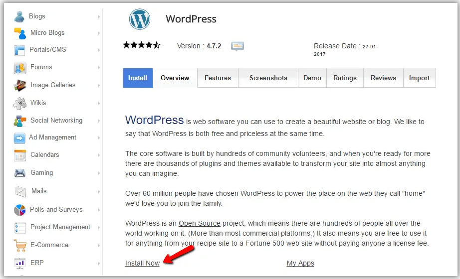 Kliknij, aby zainstalować WordPress