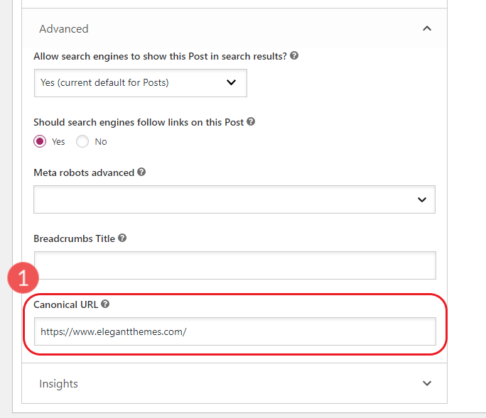 Erweiterte Seitenoptionen für kanonische URLs von Yoast SEO