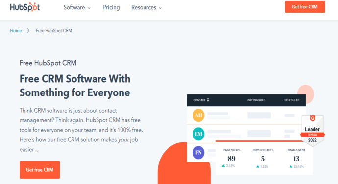 HubSpot CRM 軟件主頁