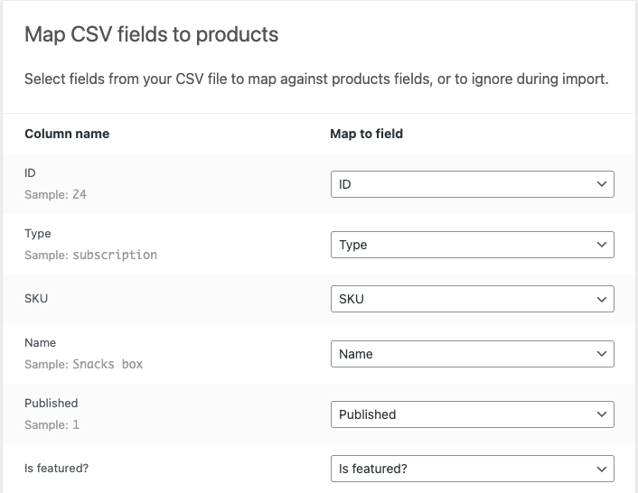 تعيين حقول الاشتراك csv للمنتجات