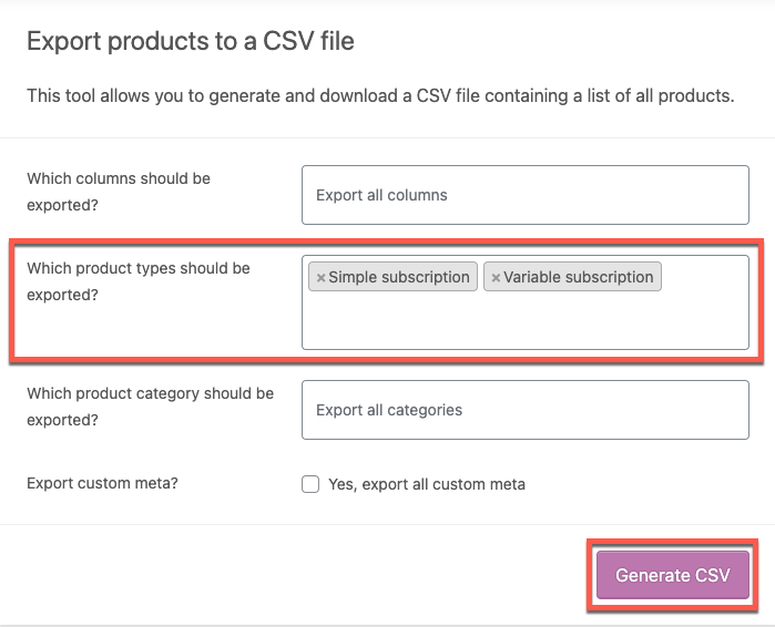 تصدير منتجات الاشتراك إلى ملف csv
