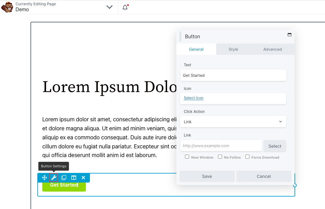 Definir configurações do elemento
