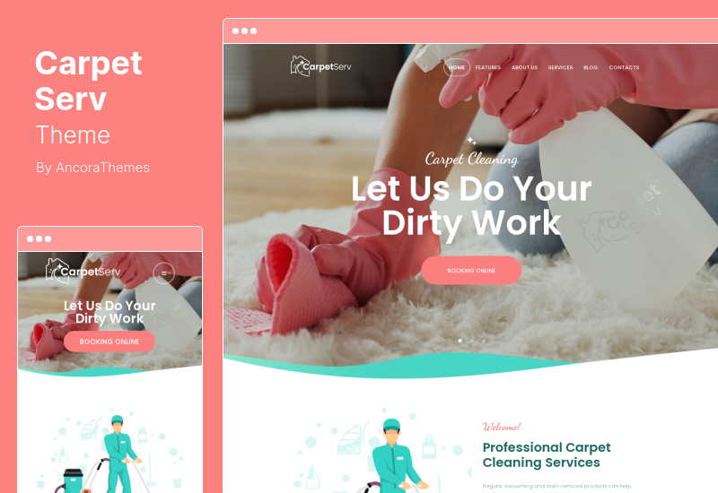 CarpetServ 테마 - 청소 회사, 가사 및 청소 서비스 WordPress 테마