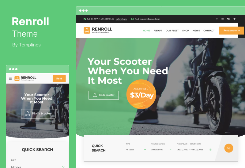 Renroll 主题 - 滑板车和自行车租赁 WordPress 主题
