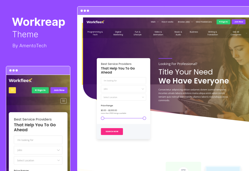 ธีม Workreap - ตลาดอิสระและไดเรกทอรี WordPress Theme