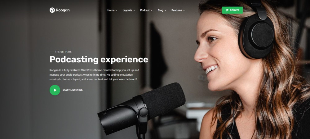 Roogan podcast Pagina iniziale del sito Web a tema WordPress