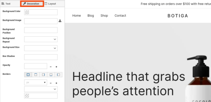 SiteOrigin CSS プラグインの「装飾」タブ