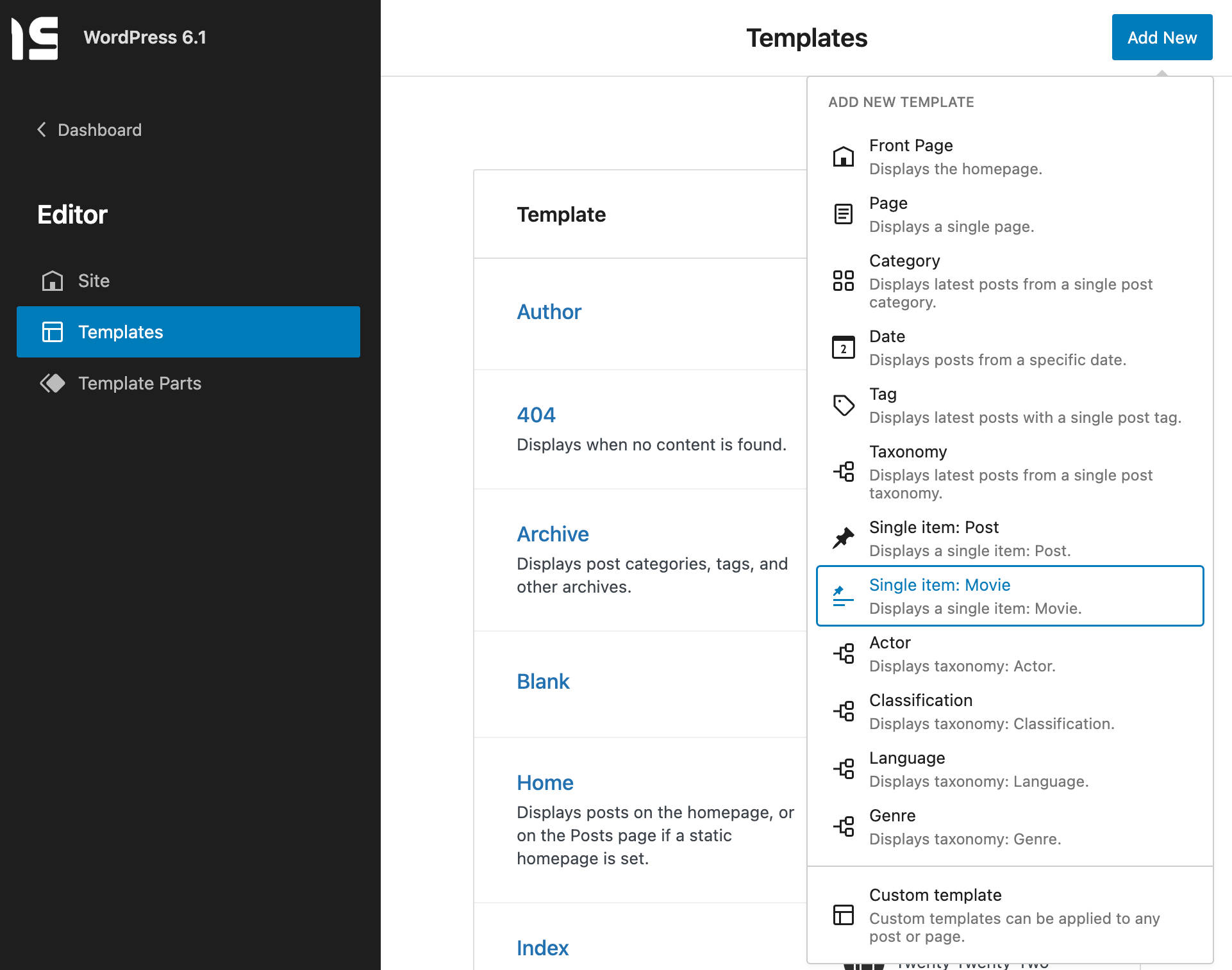 Gambar yang menunjukkan daftar jenis template yang tersedia di WordPress 6.1