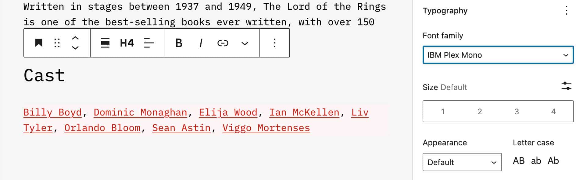 Gambar yang menunjukkan cara mengatur keluarga font khusus di blok Heading di WordPress 6.1