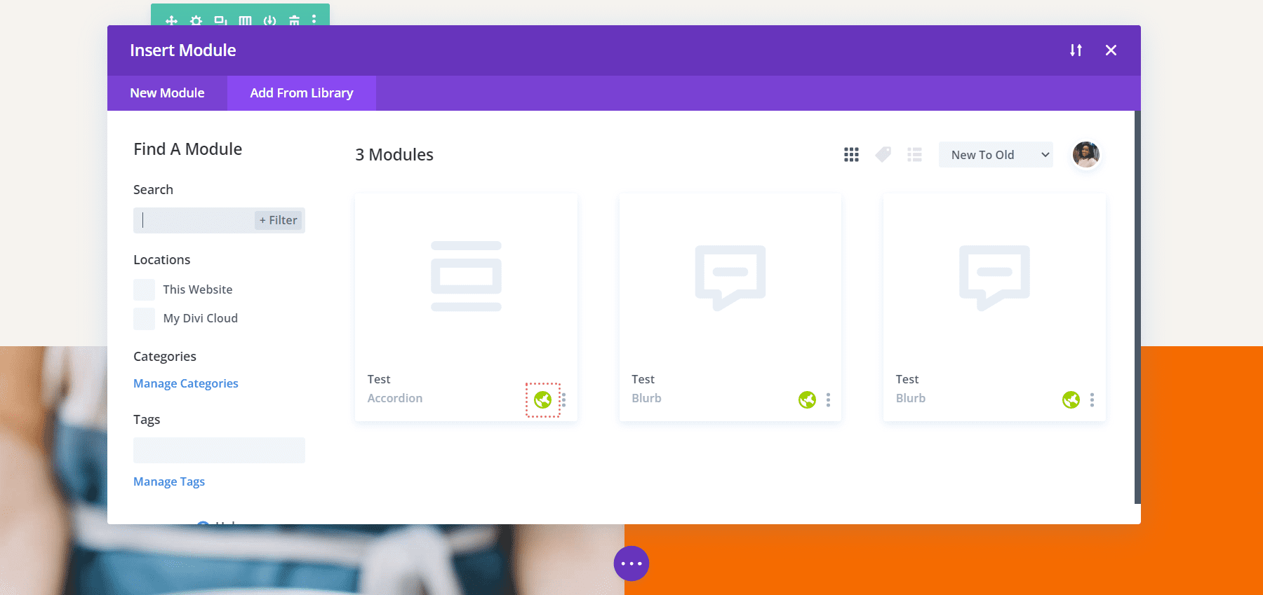 Die Divi-Modulbibliothek – mit globalen Modulen – in der Divi-Layoutbibliothek