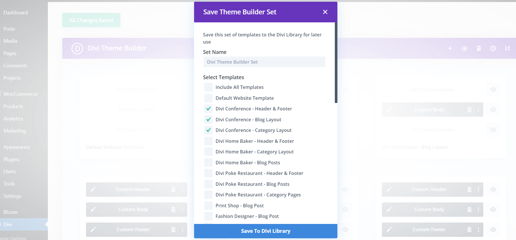 Exportieren und Speichern von Theme Builder-Sets in der Divi Theme Builder-Bibliothek