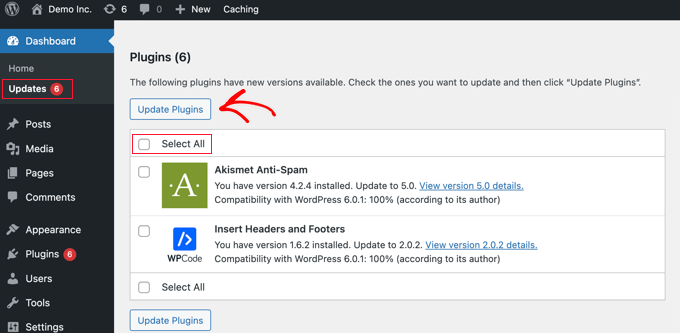 Aggiornamento dei plugin di WordPress dalla pagina degli aggiornamenti Updating WordPress Plugins From the Updates Page