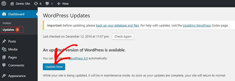 Aggiornamento di WordPress Core dal dashboard Updating WordPress Core From the Dashboard