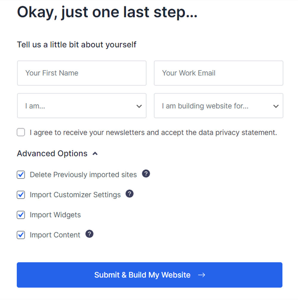 Elija si desea importar contenido, widgets y otros elementos