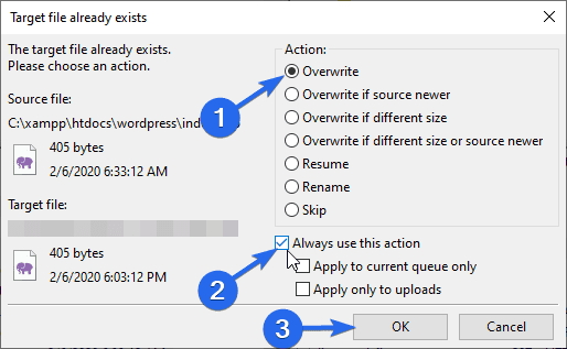 Seleccione las opciones requeridas para degradar wordpress