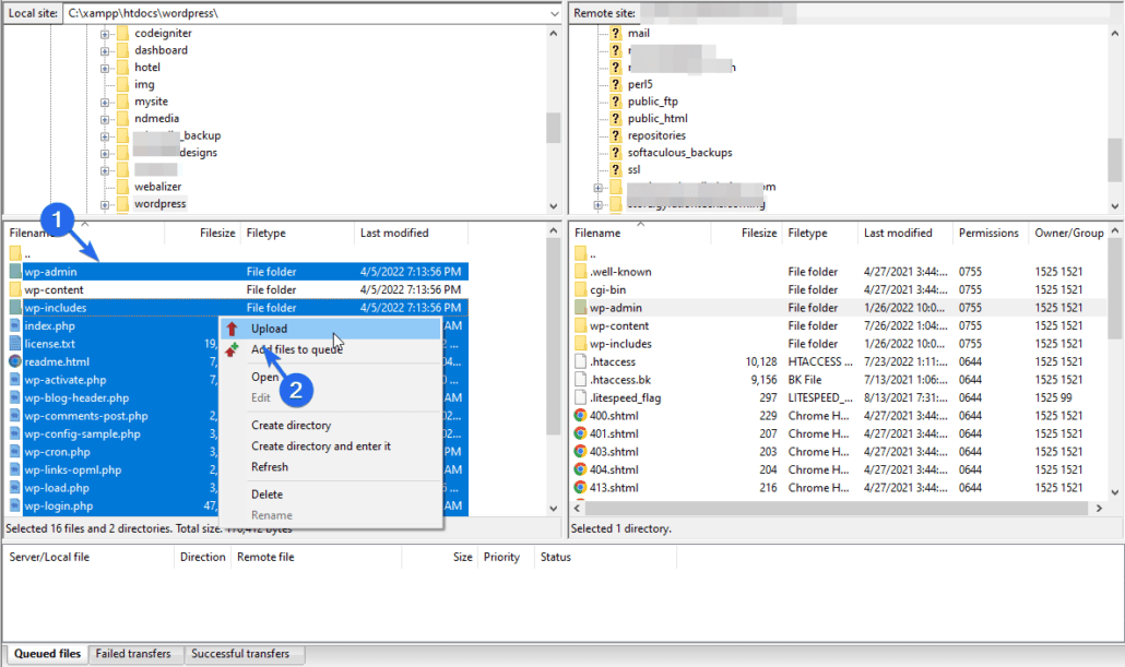 Seleccionar y cargar archivos y carpetas excluyendo wp-content