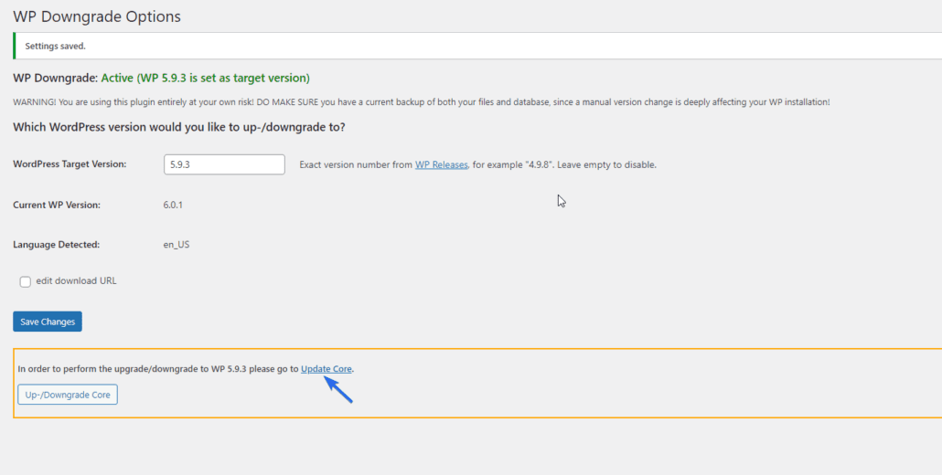 Actualizar Core para degradar wordpress
