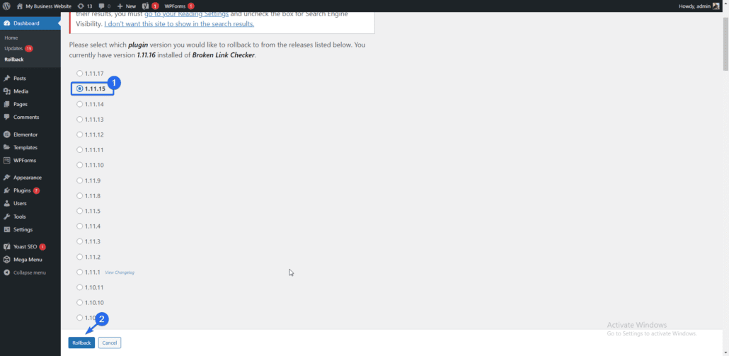 Elija la versión de wordpress para degradar a