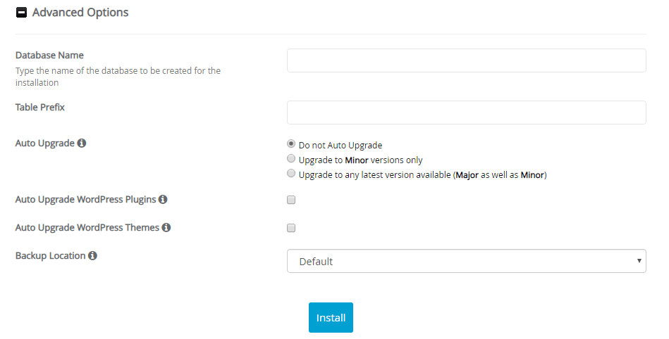 Erweiterte Optionen des WordPress One-Click-Installers