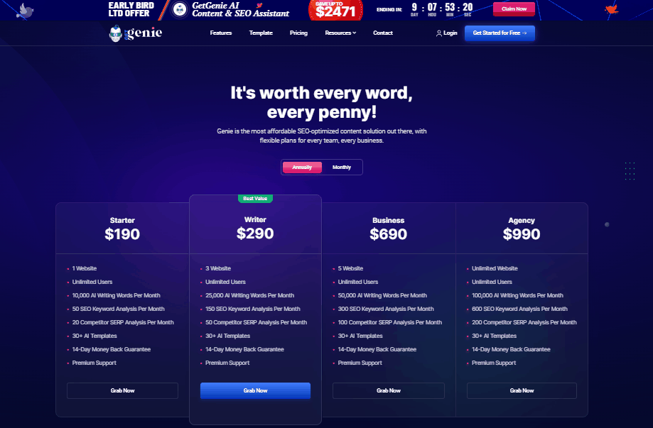 GetGenie — ваш помощник по SEO и контенту — Таблица цен