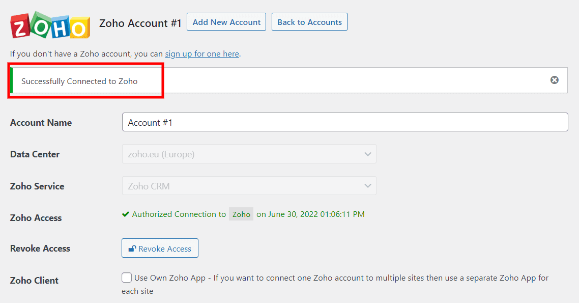 WordPress の Zoho 成功メッセージ