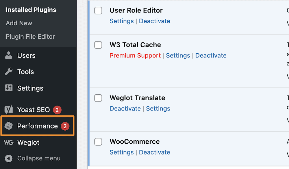WordPress 儀表板上的性能鏈接。