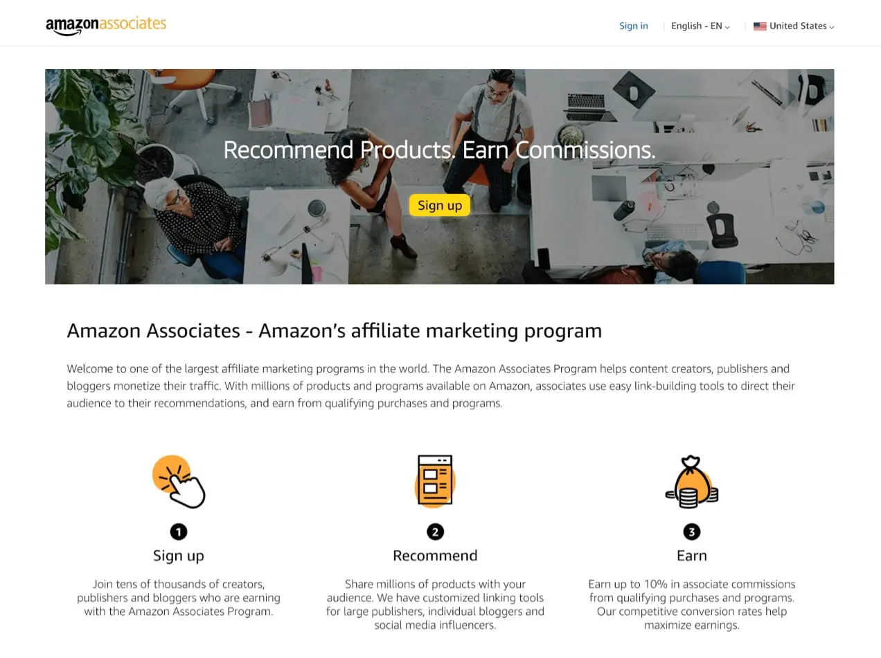 Página inicial da Amazon Associates
